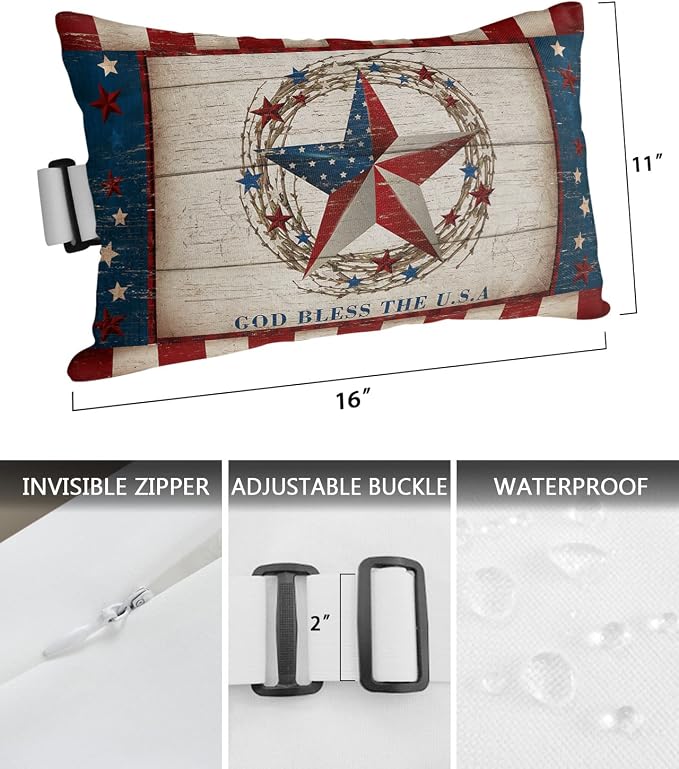 Outdoor Pillows Covers with Inserts 4th of July Patriotic Red and Blue Star Retro Waterproof Recliner Pillow with Adjustable Strap Throw Pillows for Patio Furniture Pool Lounge Chair, 11x16 inch, 1PCS