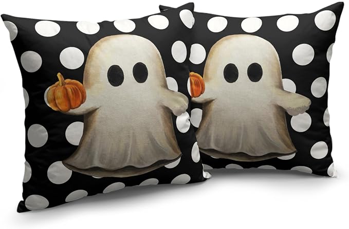 Halloween Pillow Covers 16x16 Ghost with Pumpkin Throw Pillow Covers White Polka Dot Black Cushion Case for Halloween Decorations Living Room Sofa Outdoor, 2 Pack