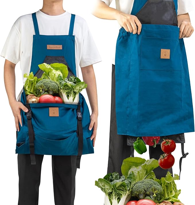 Berry&Bird Harvest Apron, Canvas Gardening Apron with Pockets and Harvesting Pouch Waterproof Harvesting Apron
