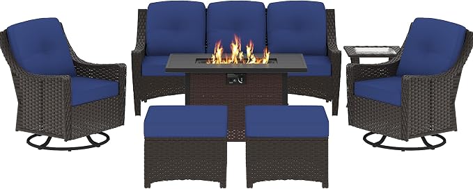 7-Piece Patio Furniture Set Includes Fire Pit Table Outdoor Furniture Combination Rattan Swivel Chair Rattan Sofa with Coffee Table Suitable for Gardens, Patios, and Poolside (Blue)