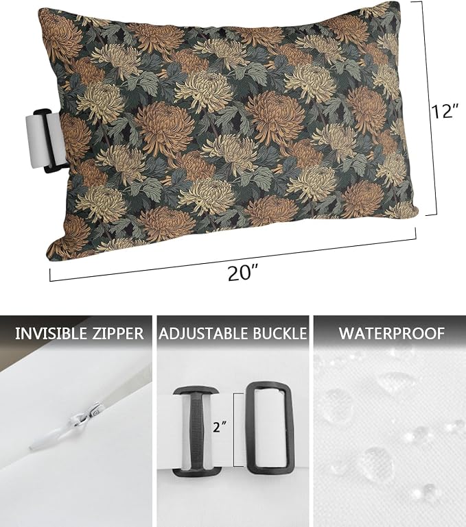 Outdoor Pillows Covers with Inserts Vintage Flower Dahlia Texture Waterproof Recliner Pillow with Adjustable Strap Throw Pillows for Patio Furniture Pool Lounge Chair, 12x20 inch, 2PCS