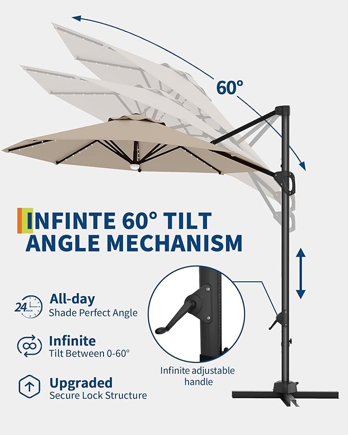 GarveeLife 10FT Patio Umbrella Outdoor Solar LED Large Cantilever Umbrella Market Sun Shade Windproof Offset Umbrella with 360-Degree Rotation for Garden Deck Pool Patio