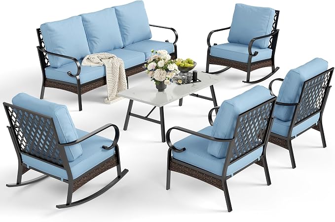 SUNSHINE VALLEY 6 Piece Metal Outdoor Patio Furniture Set, 1 3-Seater & 2 Fixed Sofa, 2 Rocking Sofa with 5.75" Thick Cushion & Coffee Table - Black & Blue