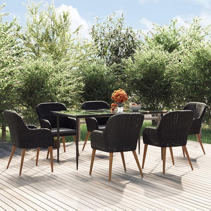 7 Piece Patio Dining Set, Outdoor Dining Table and Chairs with Cushions, Tempered Glass Table and 6 Rattan Chairs with Acacia Wood Armrests for Backyard Patio
