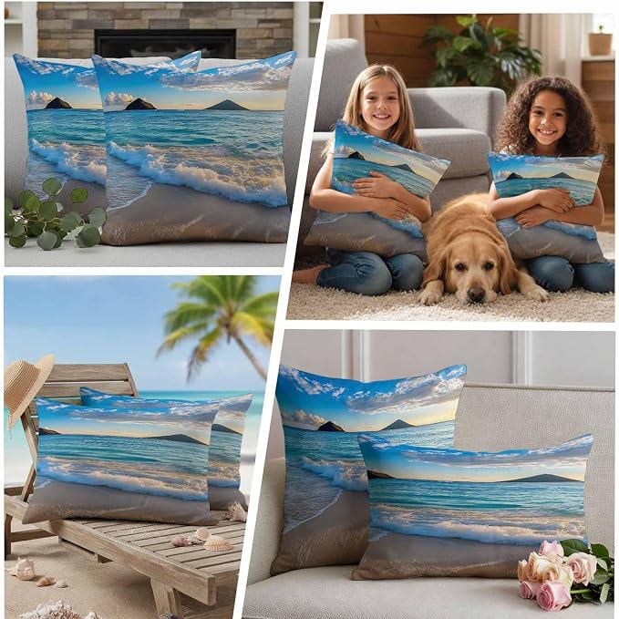 Ocean Waterproof Outdoor Pillow Covers Set of 2 Home Decor, Blue Sky Mountain Sandy Beach Sea Scenery Pillowcase Patio Pillow Covers for Couch Bench Furniture Garden 16x16in
