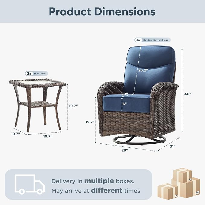 HUMMUH 4PCS Outdoor Swivel Rocker Patio Chairs with 6-inch Thick Cushion, Luxury High Back Patio Furniture Set,Wicker Conversation Set for Deck Yard and Poolside