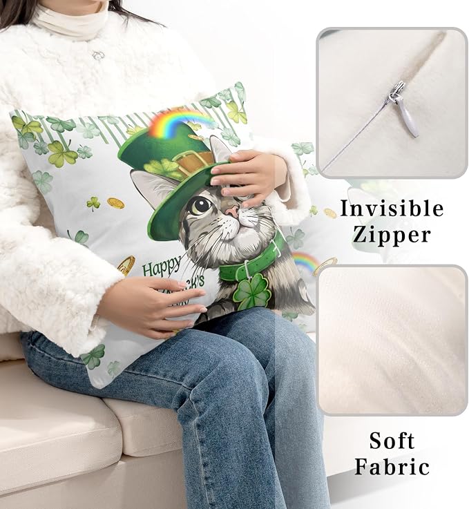 Happy St Patricks Day Pillows Covers 18x18 Pack of 2 Lucky Cat Clover Pillow Covers Rainbow Gold Coin Shamrock Decorative Pillow Cases Cushion Case for Living Room Couch Sofa
