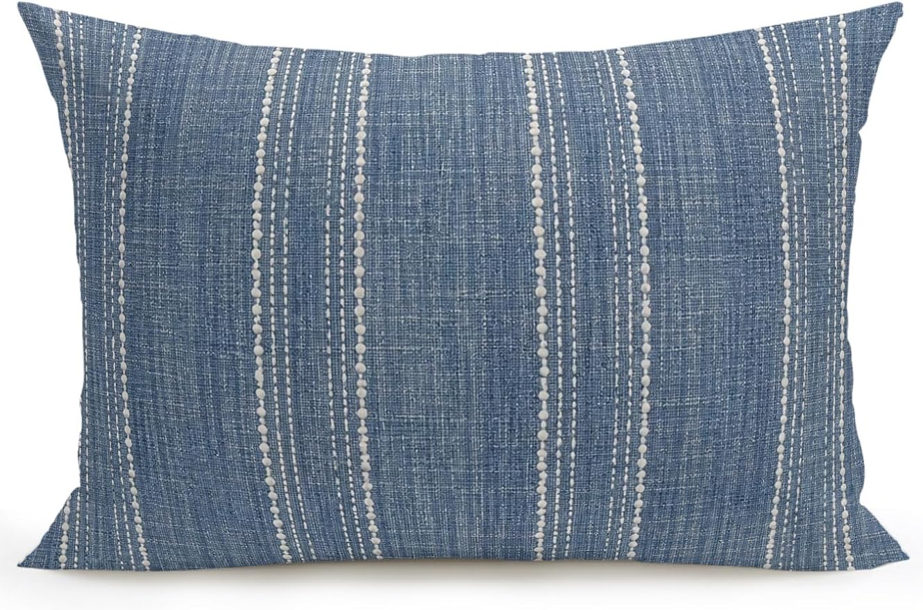 Waterproof Outdoor Pillow 1 Pack Denim Blue Linen Stripes Decorative Throw Pillows Cover & Insert 20x12 Inch Lumbar Pillowcase Parallel Vertical Lines Pillows for Couch Sofa Bed Patio Furniture