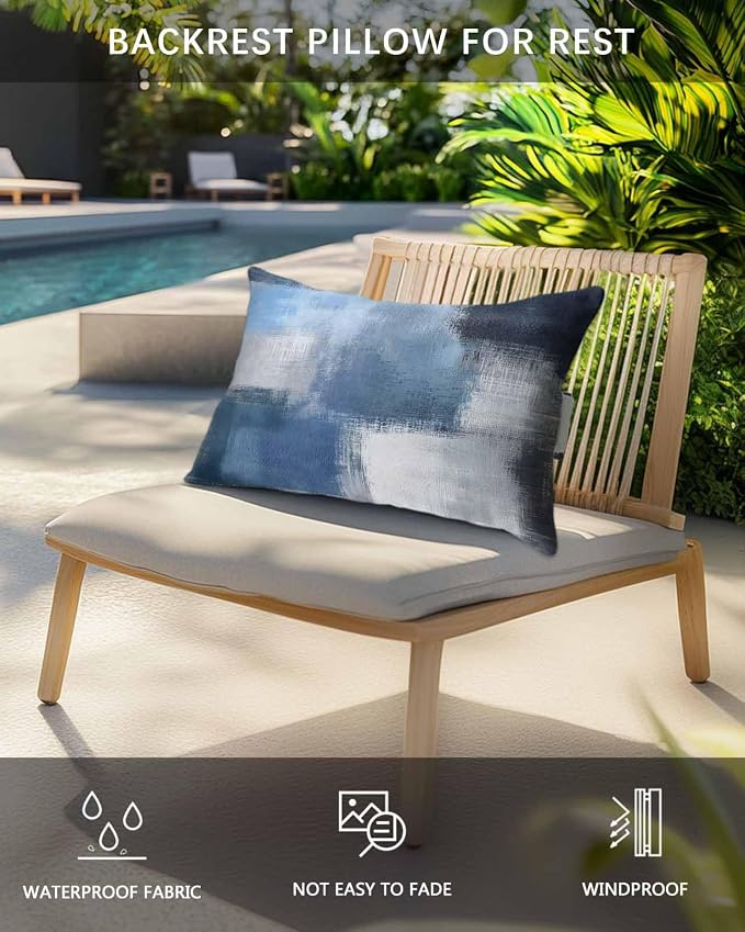 Pack of 2 Outdoor Lumbar Cushions with Inserts, Blue Grey Abstract Art Overlaid Gradient Texture Waterproof Fluffy Fade Body Pillows, Patio Furniture Pillow for Home Balcony Garden Decor 11x16IN