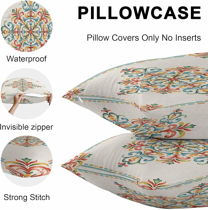 Geometric Flowers Outdoor Pillow Covers 20x12 Inch Lumbar Pillow Covers Set of 2 Waterproof Decorative Throw Pillow Cases Modern Abstract Colorful Floral on Linen Cushion Covers for Patio Furniture