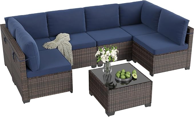 Soohow 7-Piece Patio Furniture Set, Outdoor Conversation Set, Thickened All-Weather Rattan Sectional Sofa with Tempered Glass Table for Garden, Porch, Backyard - Navy Cushions