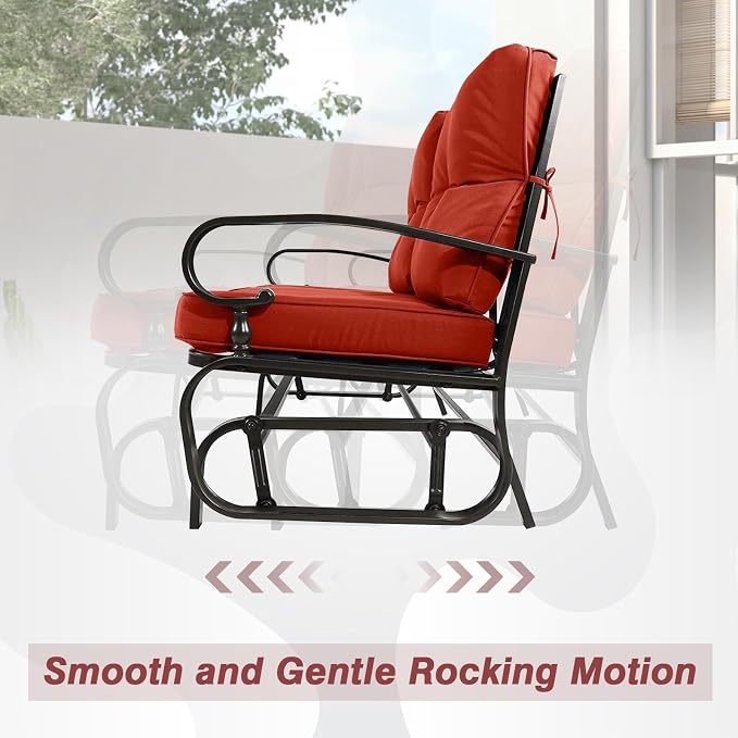 4 Pieces Metal Outdoor Furniture Patio Conversation Set, Glider Chairs Set with Round Side Table, Spring Lounge Chair Sets Metal Frame Wrought Iron Look (Red)