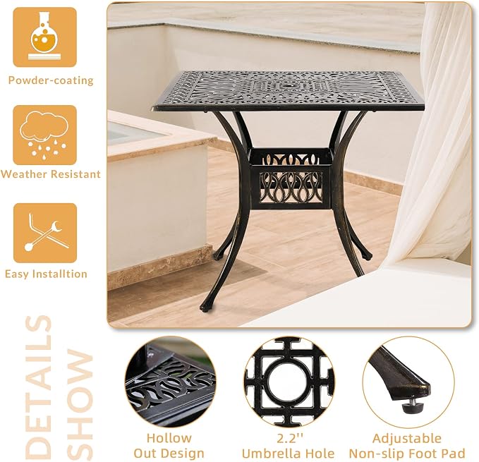 5 Piece Patio Dining Set, Outdoor Table and Chairs Set for 4 Cushioned Swivel Rocking Chairs and 35.4'' Square Table, All-Weather Cast Aluminum Patio Funiture Set, 2.2'' Umbrella Hole