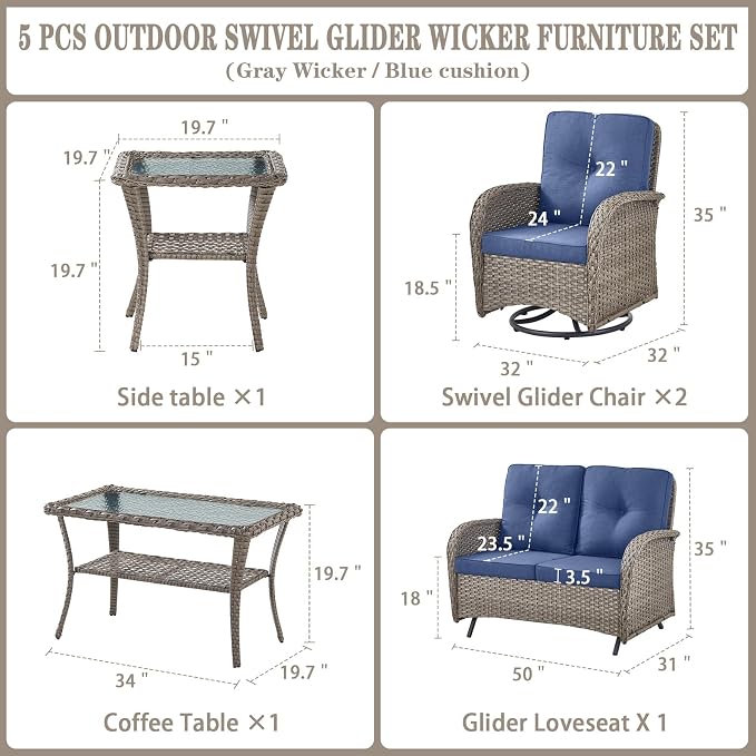 Belord 5-Piece Patio Furniture - Outdoor Conversation with Deep Seating Swivel Rocker Chairs Loveseat and Rattan Coffee Table, Gray with Blue Cushion