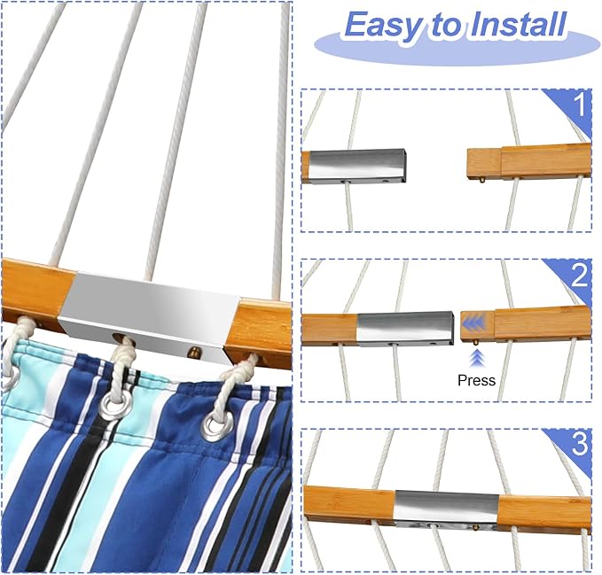 Double Hammock with Bamboo Wood Spreader Bars and Detachable Pillow, 2 Person 11 FT Portable Hammocks Bed Quilted Fabric Hammock for Yard Garden Balcony Indoor Outdoor, 440 Pound Capacity, Blue Stripe