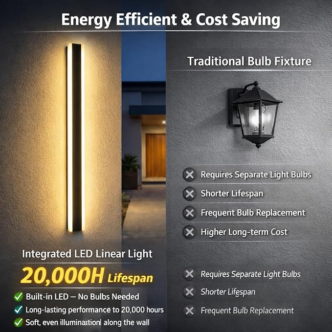 Modern Linear Outdoor Wall Lights, 47" LED Exterior Wall Sconce for Porch & Garage, IP65 Waterproof Architectural Facade Lighting, 3CCT Dimmable Matte Black Fixture for Front Door Entryway