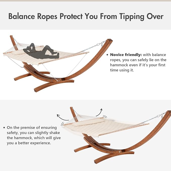 ANOW Heavy Duty Curved Wood Arc Stand with 2 Person Hammock, 13.5FT Larch Wood Stand with 2 Chains, 4 Balance Ropes and 4 Carabiners, Includes Cream Hammock with Spreader Bars