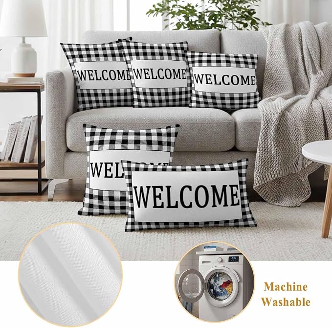 Welcome Black Outdoor Pillow Covers Set of 2 White Buffalo Check Plaid Waterproof Throw Pillow Cover Decorative Cushion Cases for Patio Porch Garden 20X12 Inch