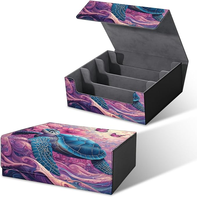 Large Card Deck Box for MTG, Fits 1200+ Sleeved Cards, PU Leather Storage Case with Strong Magnetic Closure, Multiple Colors for TCG CCG Baseball Card Collections, Pink Flower Turtle
