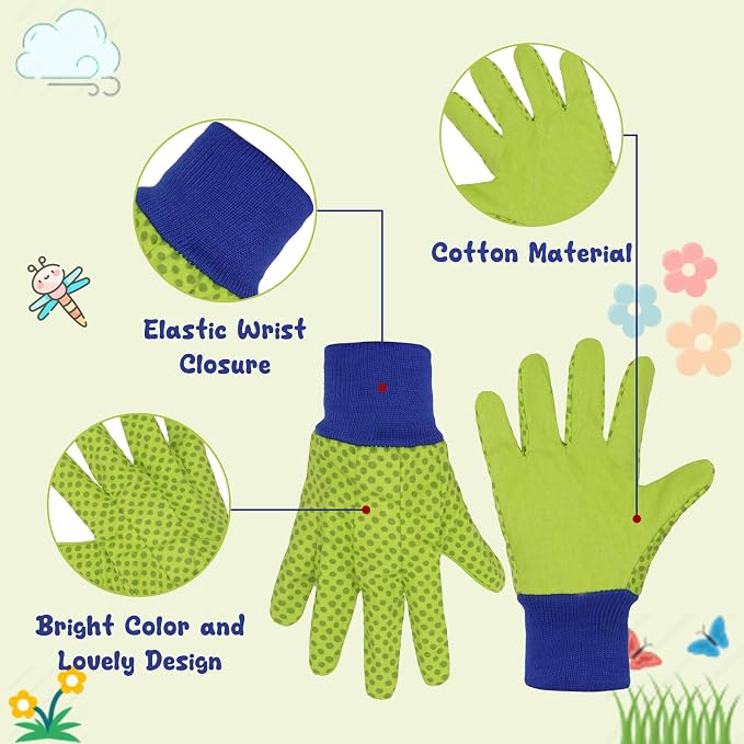 HANDLANDY 4 Pairs Kids Gardening Gloves, Cotton Kids Work Gloves, Green, M | Girls Boys Children Garden Yard Work Play Cycling Gloves with Knit Wrist, Cute Pattern, Gift