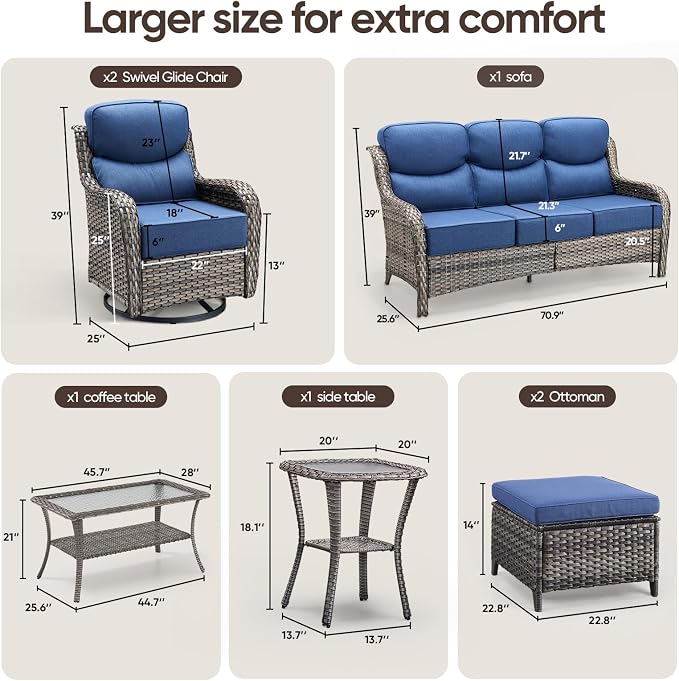 Swivel Patio Chairs sofa Set of 9 with 6" Thick Cushion - Wicker Outdoor Swivel Rocker Patio Chair ,Sofa/Glass coffee table, High Back Comfortable Outdoor Glider Chairs - Gery Wicker | Blue Cushions