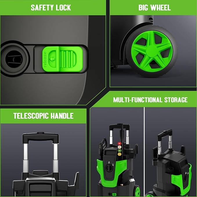 Heavy Duty MAX5000 PSI Pressure Washer, 3-Speed Adjustable Power Washer with 2-Stage Pull Rod, 4 Nozzles, Foam Cannon & 500ml Soap Bottle for Car, Home & Outdoor Cleaning,Green
