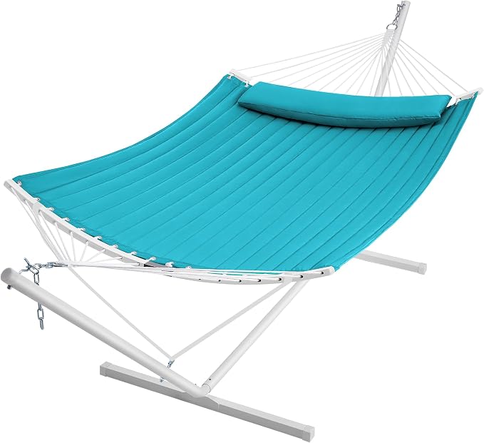 SUPERJARE Hammock with Stand, 2 Person Heavy Duty Hammock with Padded Cotton, Detachable Pillow & Strong Curved-Bar & Portable Carrying Bag, Perfect for Outdoor & Indoor, Sky Blue