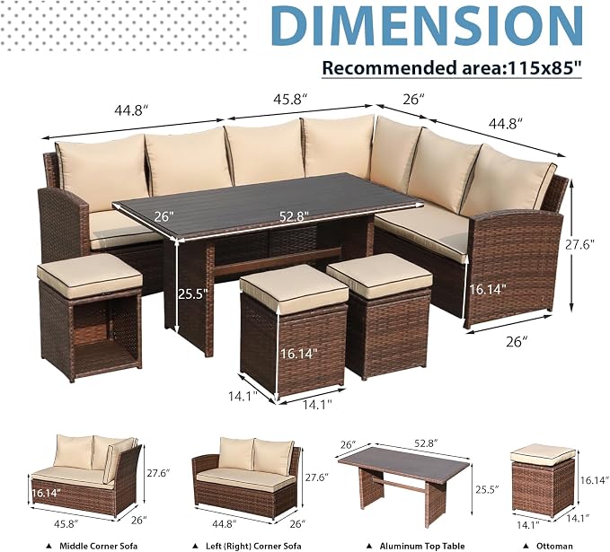 JOIVI 7 Piece Patio Furniture Set, Patio Dining Sofa Set, Outdoor Sectional Sofa Conversation Set All Weather Wicker Rattan Couch Dining Chair & Table with Ottoman, Brown Rattan Beige Cushion