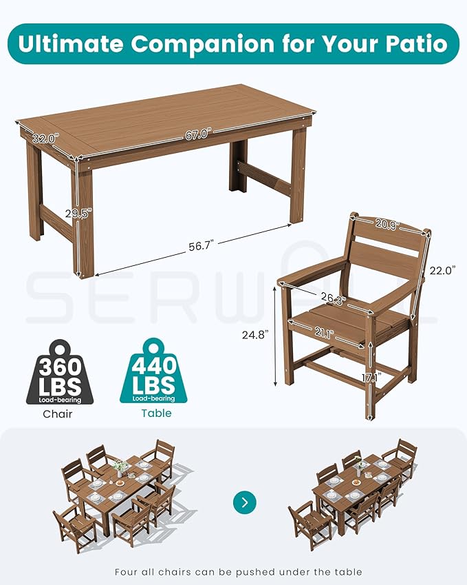 SERWALL Outdoor Dining Table Set, 67‘’ HDPE Patio Dining Set for 4, All-Weather Outdoor Table and Chairs Set for Deck, Brown