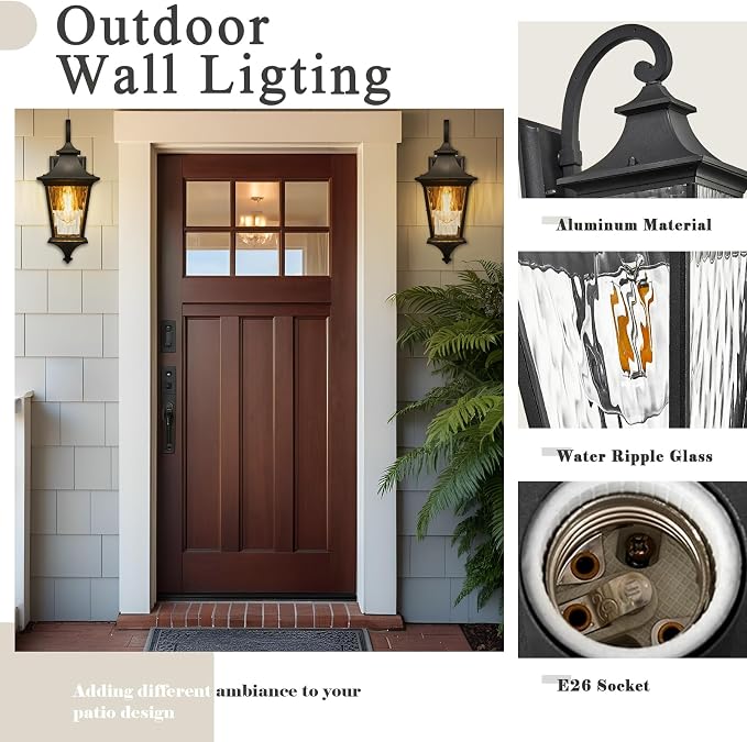 Outdoor Wall Sconce 14.6 Inch Height Aluminum Exterior Lighting Fixtures with Water Ripple Glass E26 Socket and Black Finish