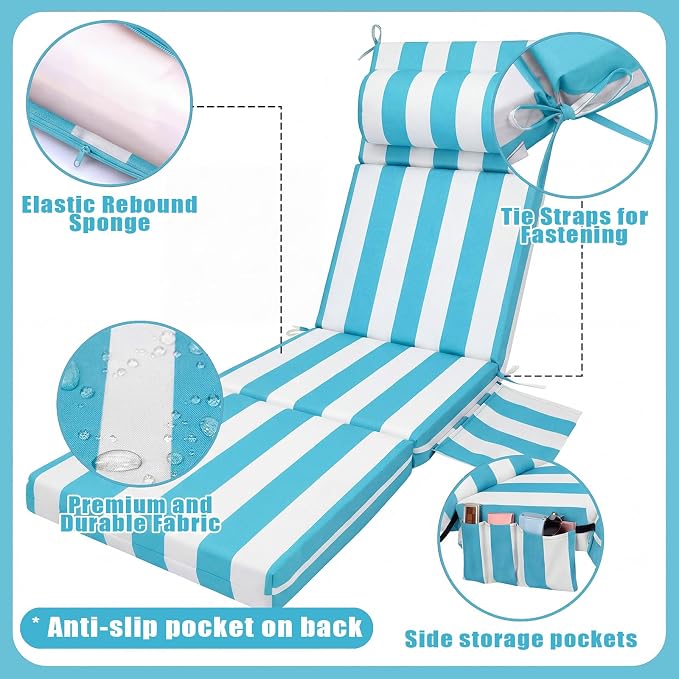 RattanView 1 Pcs Outdoor Chaise Lounge Cushion with Pillow and Side Pockets Waterproof Lounge Chair Cushion for Outdoor Furniture Patio Lounger Pad for Outside Pool Lawn (Sky Blue White,72 x 21 x 4)
