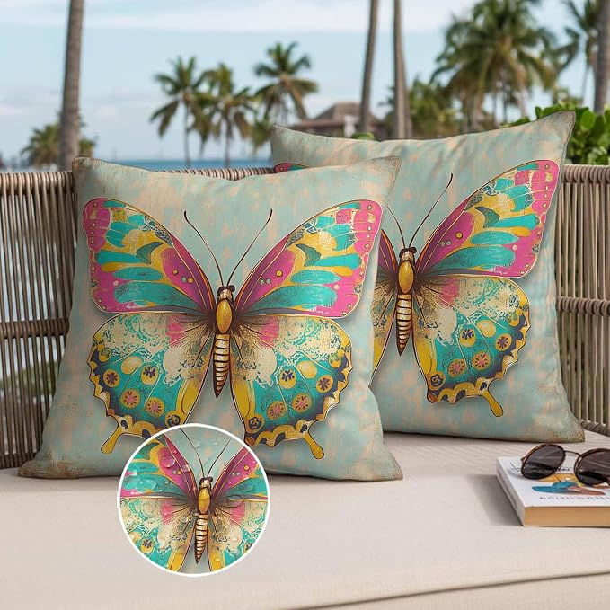 Watercolor Butterfly Outdoor Waterproof Throw Pillow Covers Set of 2, 18"x18", Corlorful Vintage Texture Decorative Pillow Covers Outside Cushion Case for Patio Porch Garden