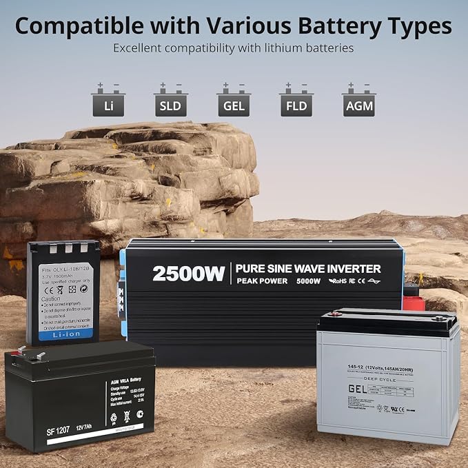 Power Inverter 2500 Watt Pure Sine Wave 12V DC to 110V/120V AC 5000W Peak Converter for Family RV Off Grid Solar System with 4 AC Outlets LCD Display Remote Control and 3.4A USB Charging Port