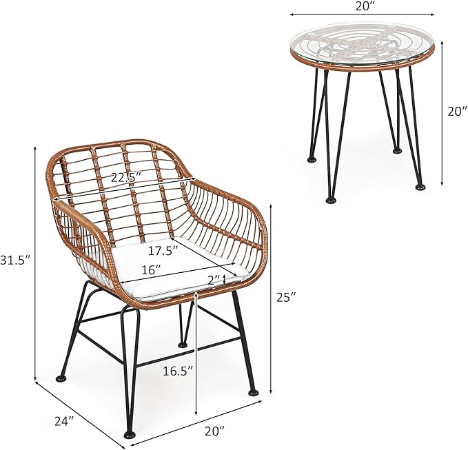 COSTWAY 3 Pieces Patio Bistro Set, Outdoor Rattan Conversation Seating Chair Set with Coffee Table & Soft Cushions, Indoor Wicker Furniture Set for Garden, Balcony, Porch, Pool, Red