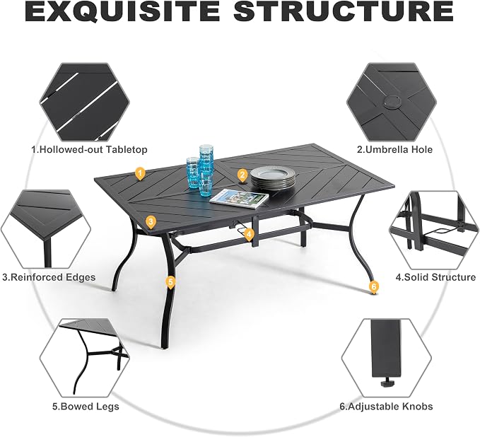 NUU GARDEN Outdoor 7-Piece Patio Dining Set, 6 Stackable Patio Dining Chairs and 61'' x 37'' Rectangle Table with Umbrella Hole, for Outdoor and Indoor Space, Patio, Deck, Garden, Backyard, Black
