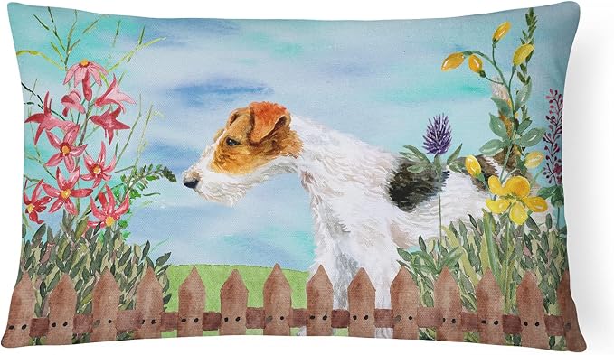 Caroline's Treasures CK1212PW1216 Fox Terrier Spring Canvas Fabric Decorative Pillow Machine Washable, Indoor Outdoor Decorative Pillow for Couch, Bed or Patio, 12HX16W