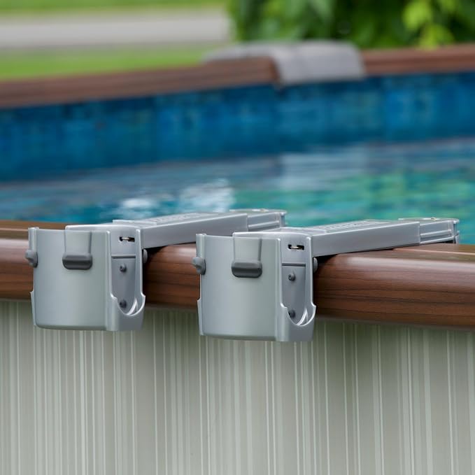 2-Pack Poolside Cup Holders for Square-Top Above Ground Pools, Adjustable Fit for Wide Edges, Non-Slip Silicone Grips, Fits Tumblers & Drink Bottles, Use on Deck, Boat & Patio, Silver Grey