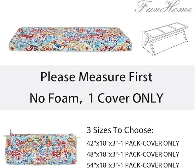 FUNHOME Outdoor Bench Cushion Cover 42 x18 x 3 inch,Water Resistant Cover with Zipper&Ties,Fade-Resistant Slipcover,Patio Porch Swing Cushion Cover Replacement Only,No Insert(Phoenix)