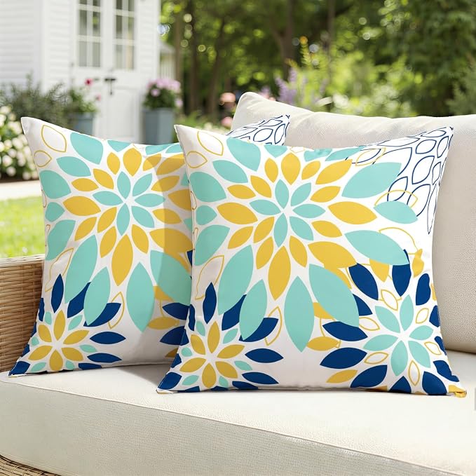 Floral Outdoor Pillow Covers Light Blue Yellow 18x18 Set of 2 | Waterproof Throw Pillow Cases Spring Decorative Summer Cushion Covers for Patio Furniture Garden Bench Porch Sofa