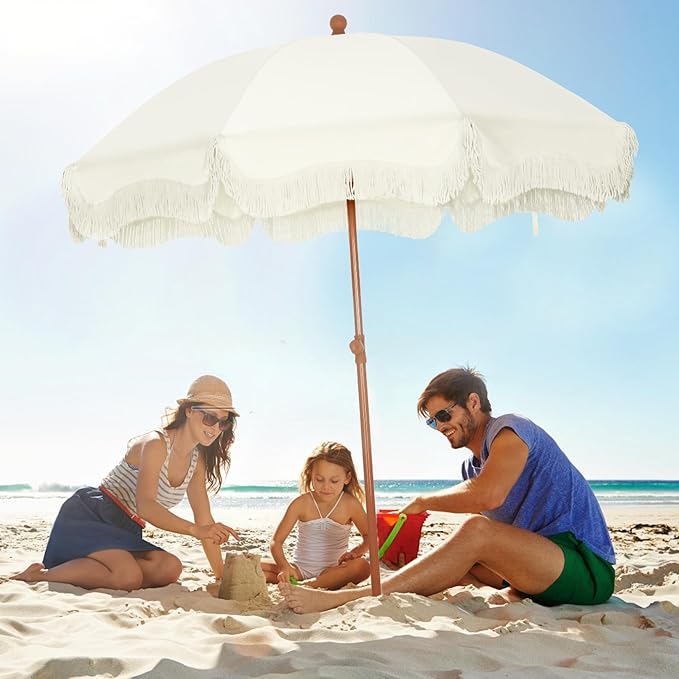 HERA'S PALACE 7ft Heavy Duty Beach Umbrella with Sand Anchor, Fringe Umbrella for Sand, UV 50+, Patio Umbrella with Tilt Pole for Garden Pool Backyard