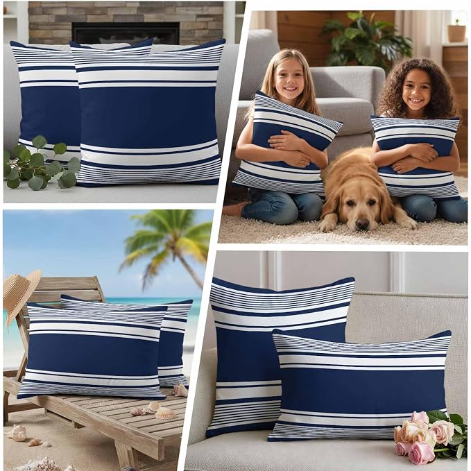 Outdoor Waterproof Throw Pillow Covers, Navy Blue Striped Decorative Pillow Cases, Modern Color Block Farmhouse Stripes Couch Pillow Protector Patio Sofa Cushion Covers Replacement 24"x24" 2 Pack