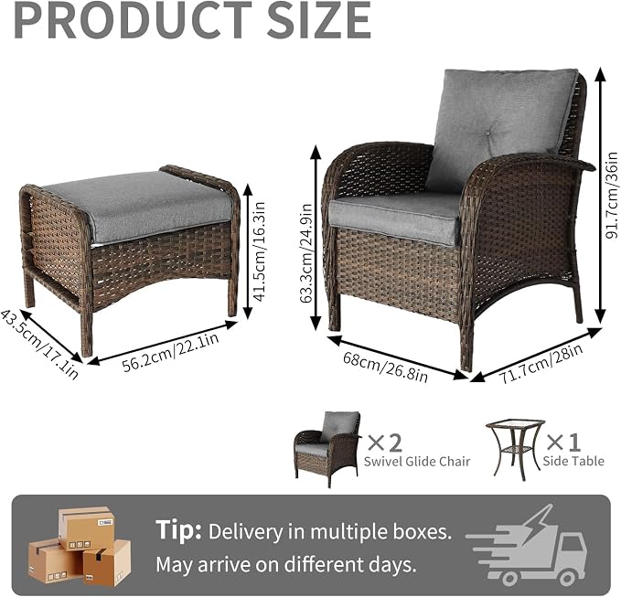 SHGJ&SOFT All Weather Patio Furniture Set, High Back Swivel Rocker Glider Chairs，Ottomans & Glass Tables, Outdoor Conversation Set for Deck Porch Yard Poolside (Grey, 4PCS-Chairs&Ottomans)