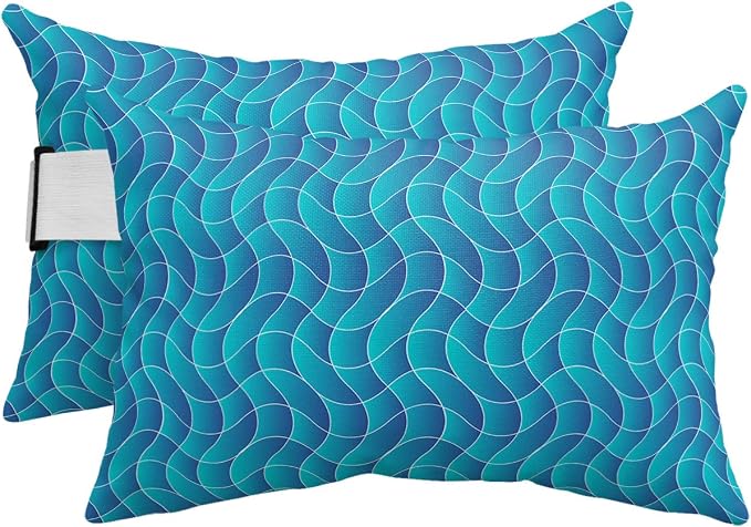 Outdoor Pillows Covers with Inserts Summer Abstract Geometric Ombre Blue Ocean Wave Waterproof Pillow with Adjustable Strap Throw Pillows for Patio Furniture Recliner Lounge Chair, 12x20 inch, 2PCS