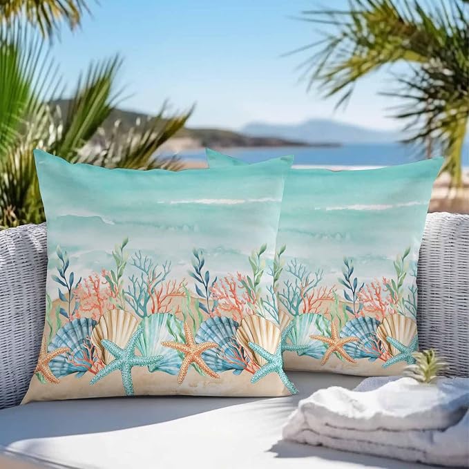 Throw Pillow Covers 16x16 Inch Set of 2, Coastal Beach Waterproof Outdoor Pillow Covers, Ocean Wave Summer Sea Starfish Coral Teal Beige Decorative Cushion Pillowcases for Couch, Sofa, Bed, Patio