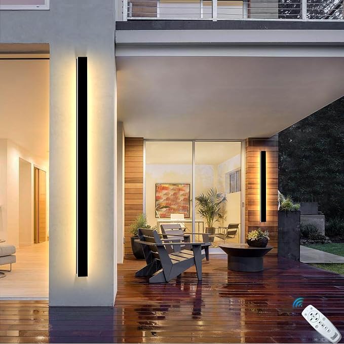 2 Pcs 79in Modern Outdoor Wall Lights, 2700K-6500K Dimmable Exterior Wall Sconce, Long Wall Light with Remote Control, Black Linear Wall Lighting Fixtures for House, Garage