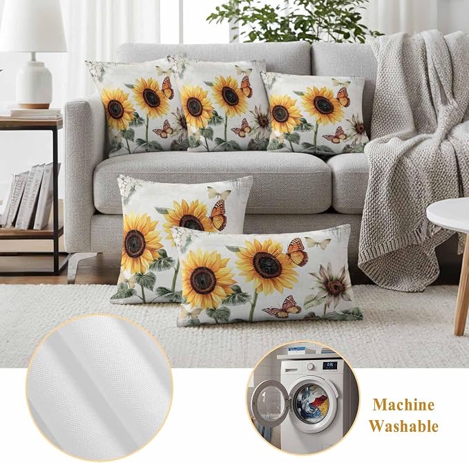 Sunflower Outdoor Waterproof Throw Pillow Covers Set of 2, 26"x26", Farmhouse Rustic Retro Summer Floral Butterfly Decorative Pillow Covers Outside Cushion Case for Patio Porch Garden
