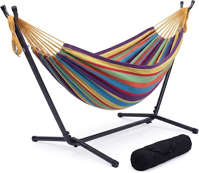 Portable Outdoor Hammock with Stand, Heavy Duty Steel Frame and Carrying Bag, Multi-Color Striped Polyester Fabric Hammock for Patio, Garden, Backyard & Camping, 250lbs Capacity