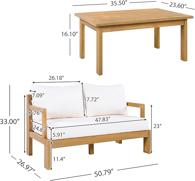 JIVOIT Outdoor 2-Piece Acacia Wood Patio Chat Set, Outdoor Conversation Set with 2 Seater Sofa and Coffee Table, Thick Cushions, Water-Repellent Fabric for Garden, Backyard, Balcony