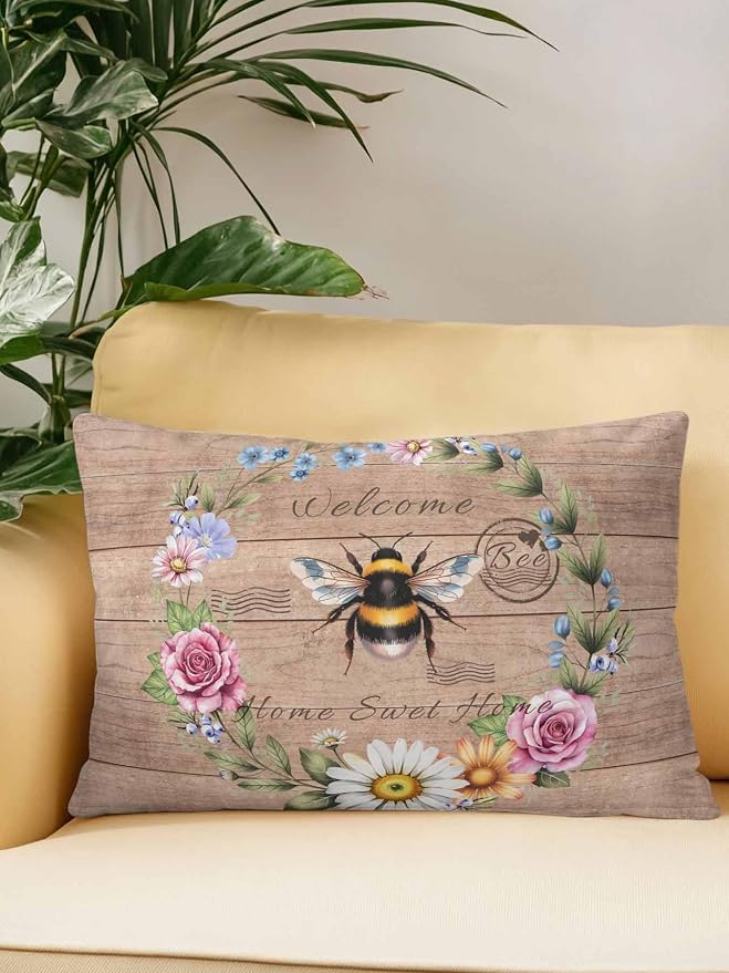Outdoor Waterproof Throw Pillows Farmhouse Bee Flower Wreath Patio Pillows,Decorative Pillow Covers with Insert,Pillow Cushion Case for Garden Couch Sofa Farm Retro Wood Board