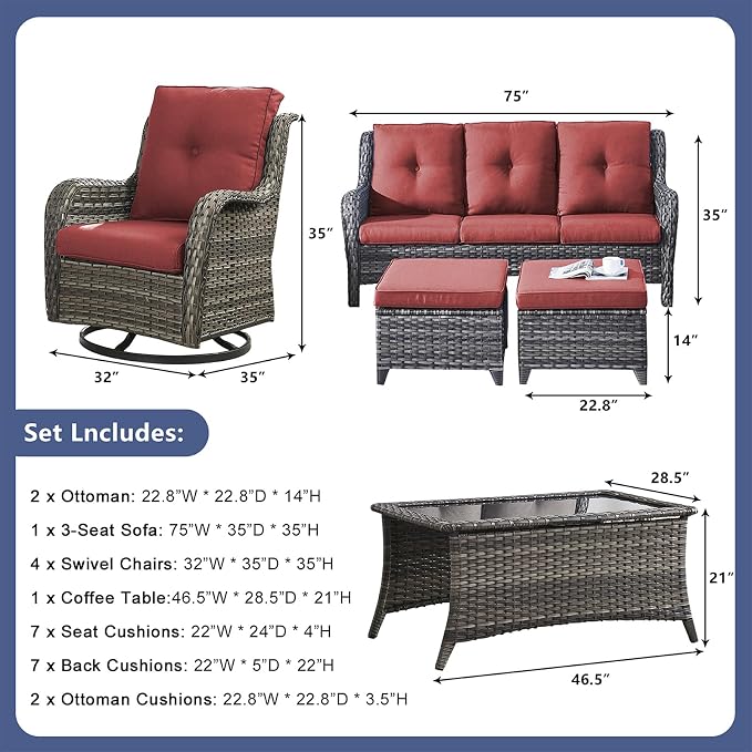 Rilyson Patio Furniture Swivel Chairs Set - 8 PC Wicker Rattan Outdoor Sectional Conversation Sets with 4 Swivel Rocking Chairs,2 Ottomans,1 Sofa and 1 Coffee Table for Porch Deck(Mixed Grey/Red)